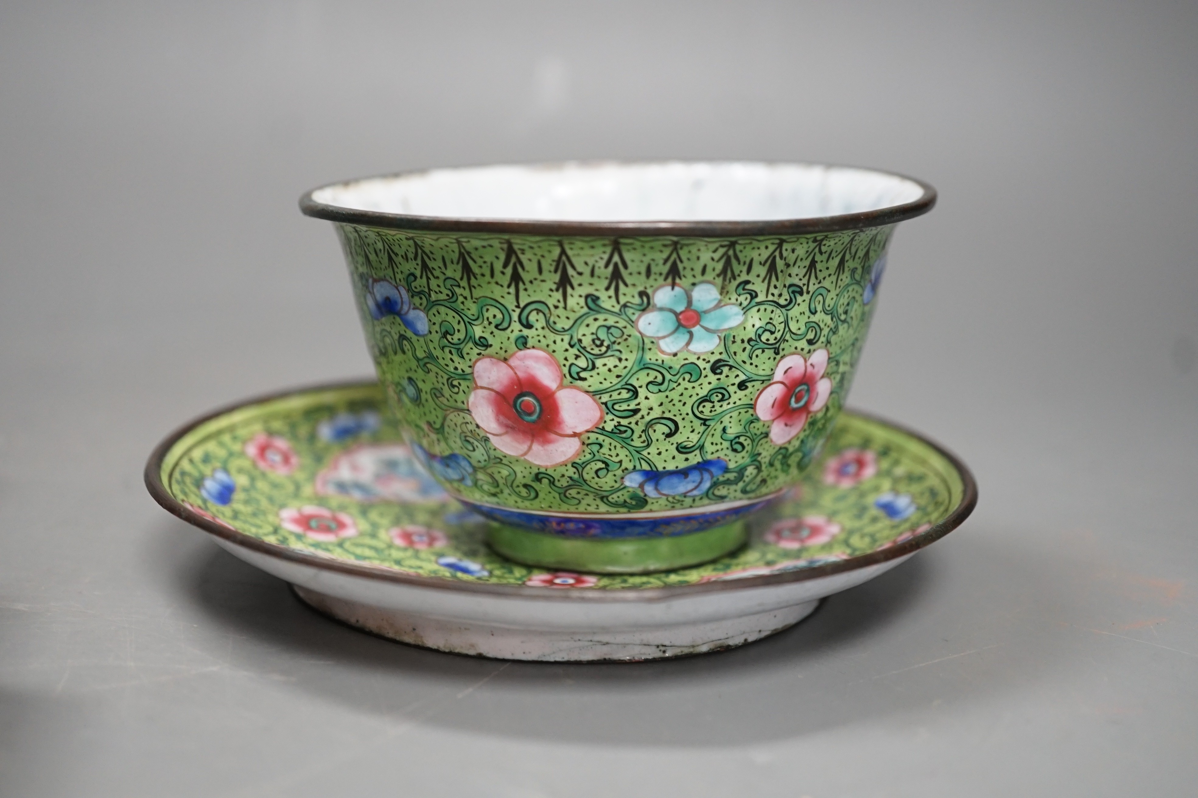 A pair of Chinese Canton enamel boat-shaped dishes, Qianlong; and a Canton enamel bowl and stand (4)